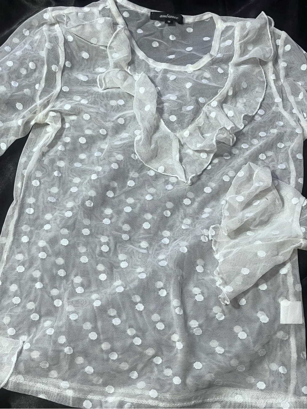 Ambiance Sheer White Polka Dot Ruffle Neck Blouse